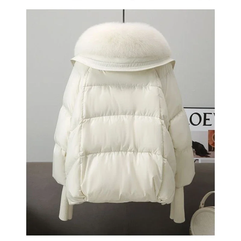 Winter New Fur Collar Puffer Down Parka Loose Down Warmer Thicken Snow Jacket Pocket Zipper Faux Fur Outerwear Female L32