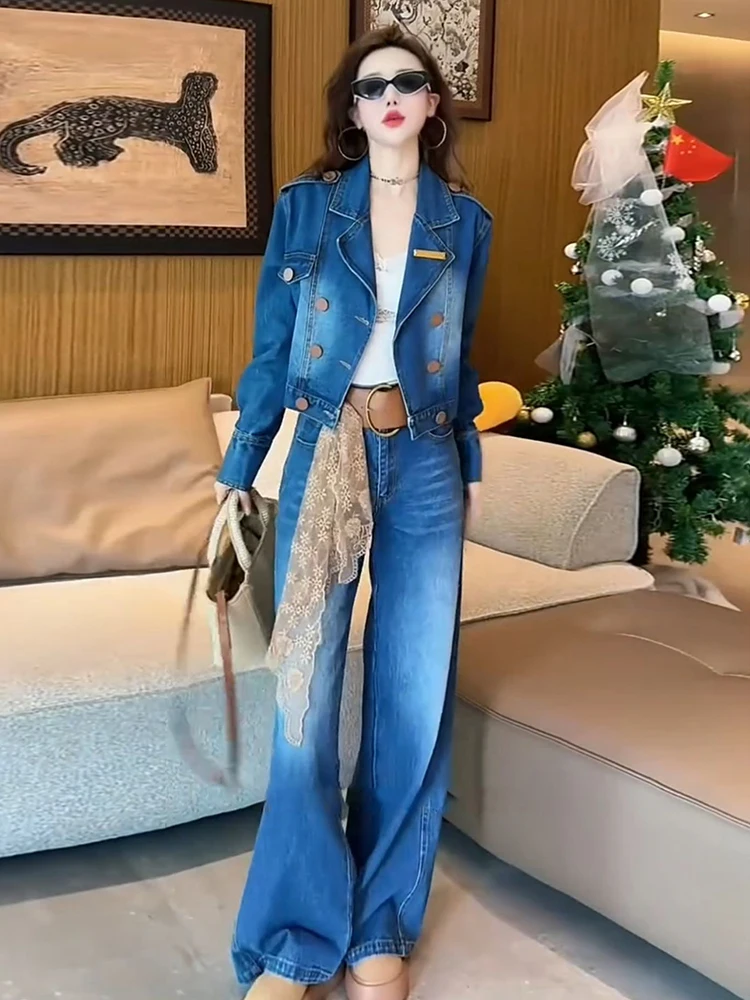 Costume en denim décontracté pour femmes, nouveau style, veste slim et courte à double boutonnage + pantalon à jambes larges, ensemble deux pièces, printemps