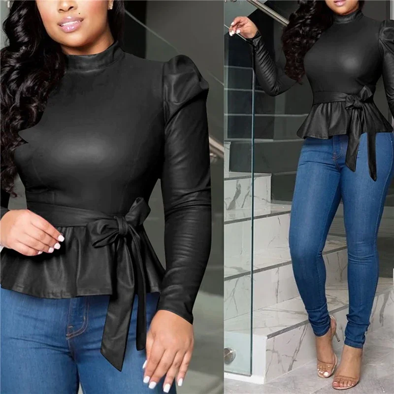 Women Bonded Leather Long Sleeve Slim Solid Pullover High Street Tops Cool Mulit-Colors Locomotive Style T-Shirt with Sashes