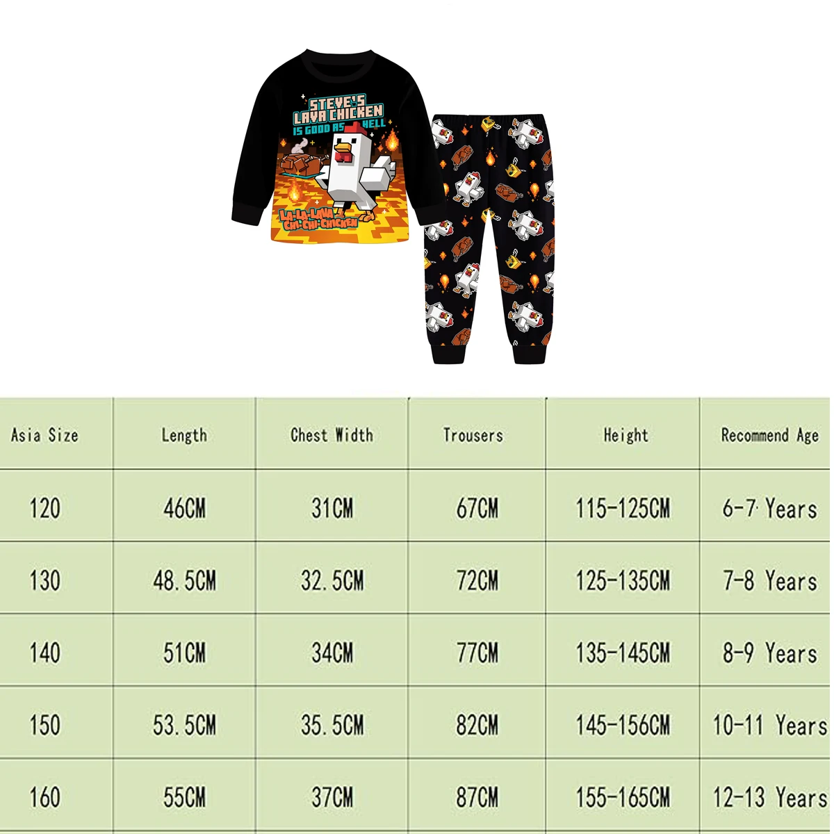 Steve's Lava Chicken Jockey Jungen-Pyjama-Set, Langarm-Schlafanzug, Cartoon-Baumwollkleidung, Nachtwäsche für Kinder im Alter von 6-13 Jahren – Detail 1