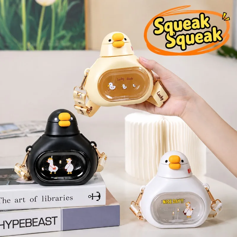 Summer New Cute Goose Kids Straw Cup Portable Crossbody Pop Lid Sports Duck Sipping Water Bottle Children Drinking Vessel Gadget