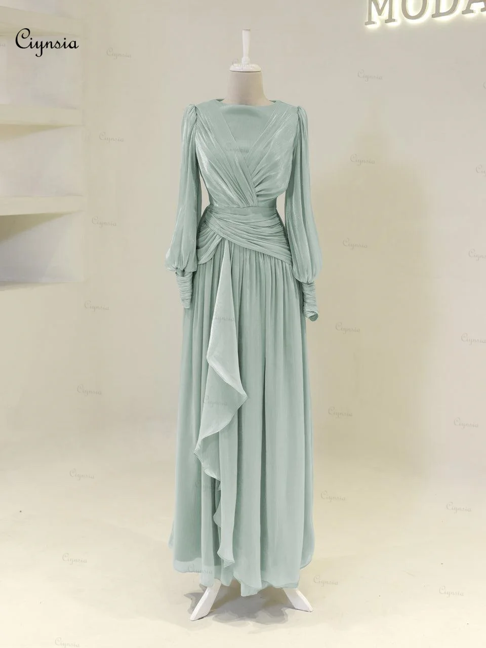 

Ciynsia Customized Muslim Evening Dresses Chiffon Ruffles Dubai Arabic Ankle-Length Long Sleeves Formal Gowns For Women 2025