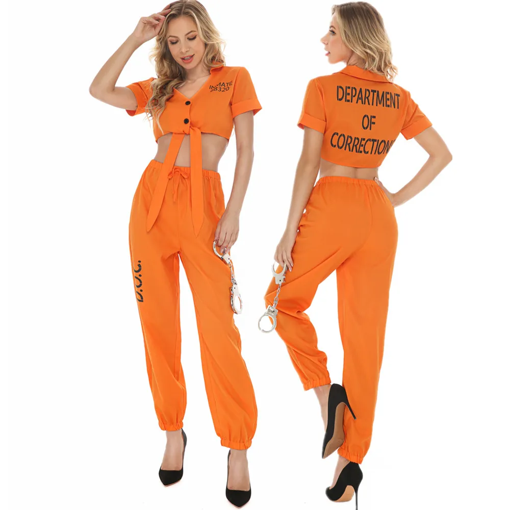 Halloween carnival cosplay Adult Prisoner Costume Women Outfits Top Pants Handcuffs Suit Uniform Clothes carnival dress up Party