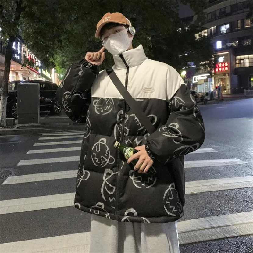 

Men's Thiened Winter Cotton Jaet Bread Sle Retro Color Blo Stand Collar Loose down Cotton Coat Casual Youth Faion