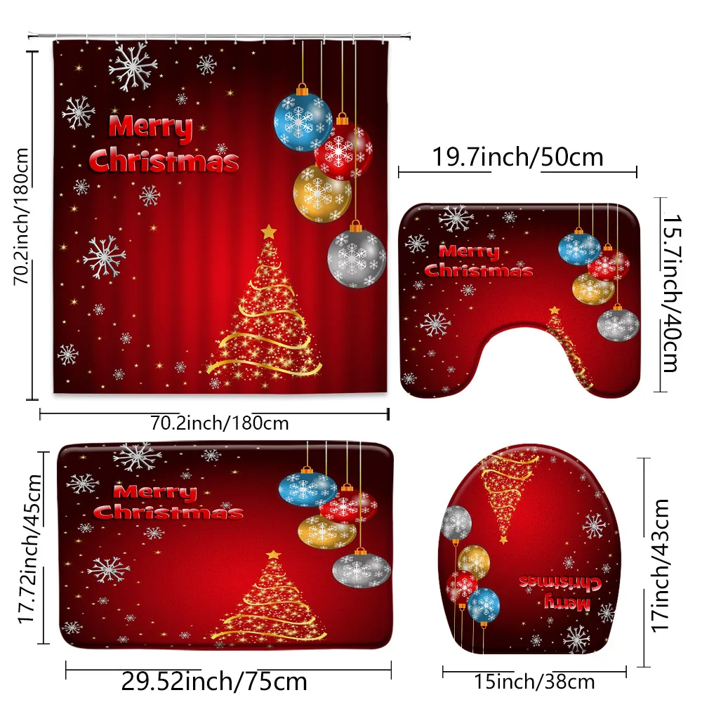 4pcs Christmas Shower Curtain Set with Rug Abstract Xmas Tree Cartoon Ball Snowflower Festive Theme Polyester Bathroom Decor Mat