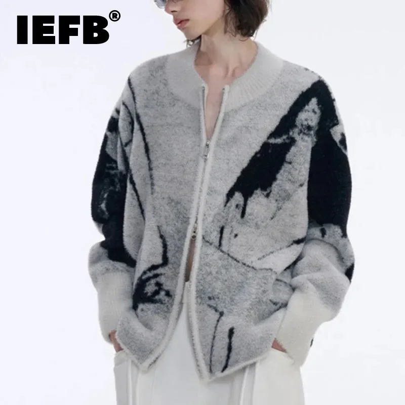 IEFB-cárdigan bordado para hombre, suéteres Vintage con cuello redondo, Color degradado, cremallera, chaquetas tejidas para hombre, primavera, nuevo