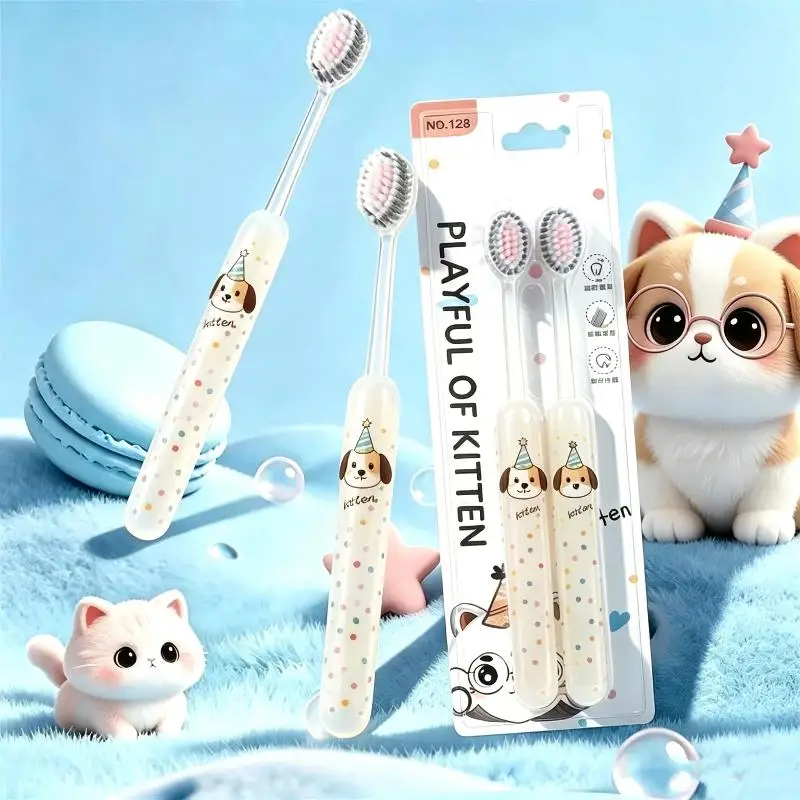 2Pcs Polka Dot Cat Soft Bristle Toothbrush Convex Bristle Profile Adult Toothbrush With Soft Bristles Plastic Handle