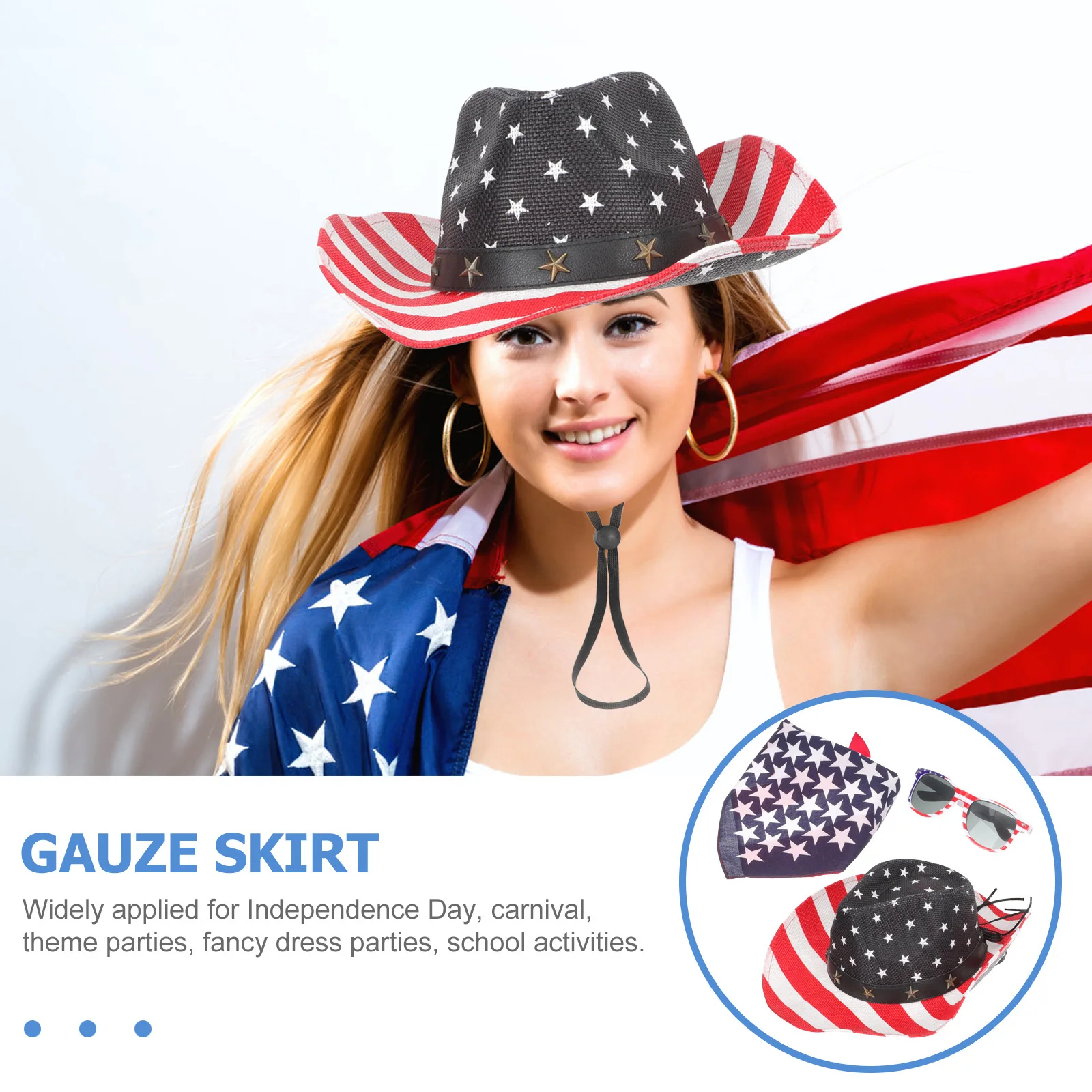

1Set Cowboy Hat Glasses Scarf American Flag Wide Brim Sun Blocking Hat Festival Party Props Independence Day Party Glasses
