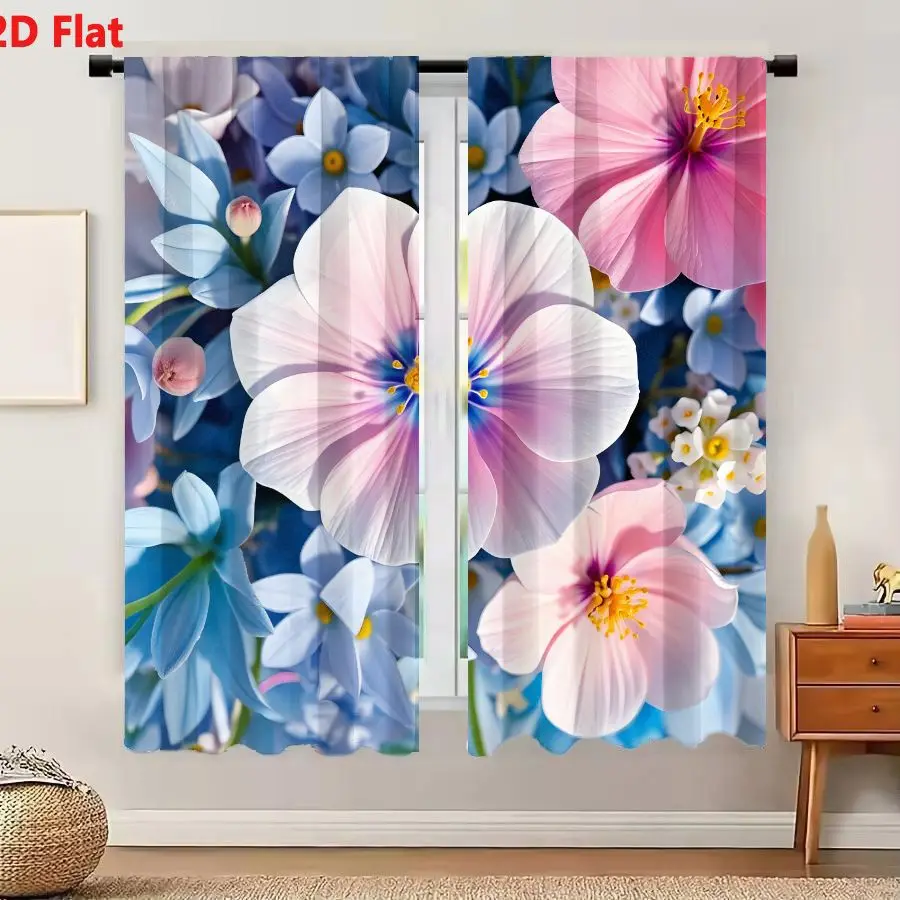 2Pcs Curtains 2D Flat Dreamy Soft Pastel Flowers Arrangement with White Pink Purple Blue Blooms Yellow Centers Leafy Structures