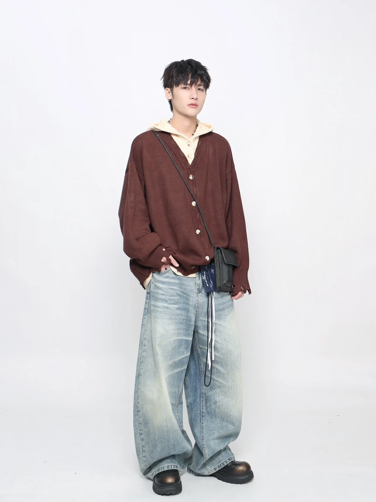 Spring and Autumn New American Retro Fake Two-Piece Brown Hooded Knitted Sweater Men Black Casual Cardigan Sweater