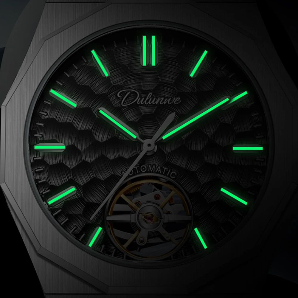 Luxury Men Automatic Watch Orange Wave Texture Dial Hollow Tourbillon Wristwatch Soft Orange Silicone Band Sport Waterproof view 6