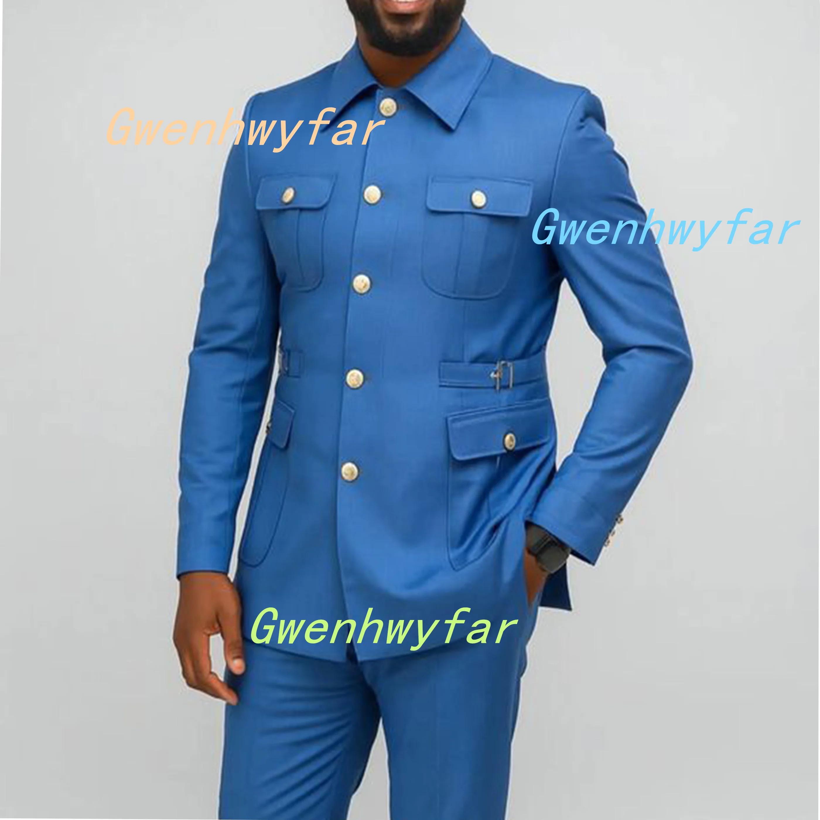 

G&N Men Suits Blue 2 Pieces Four Pockets Safari Style Wedding Groom Clothing Custom Daily Dress Turndown Collar Custom Suits