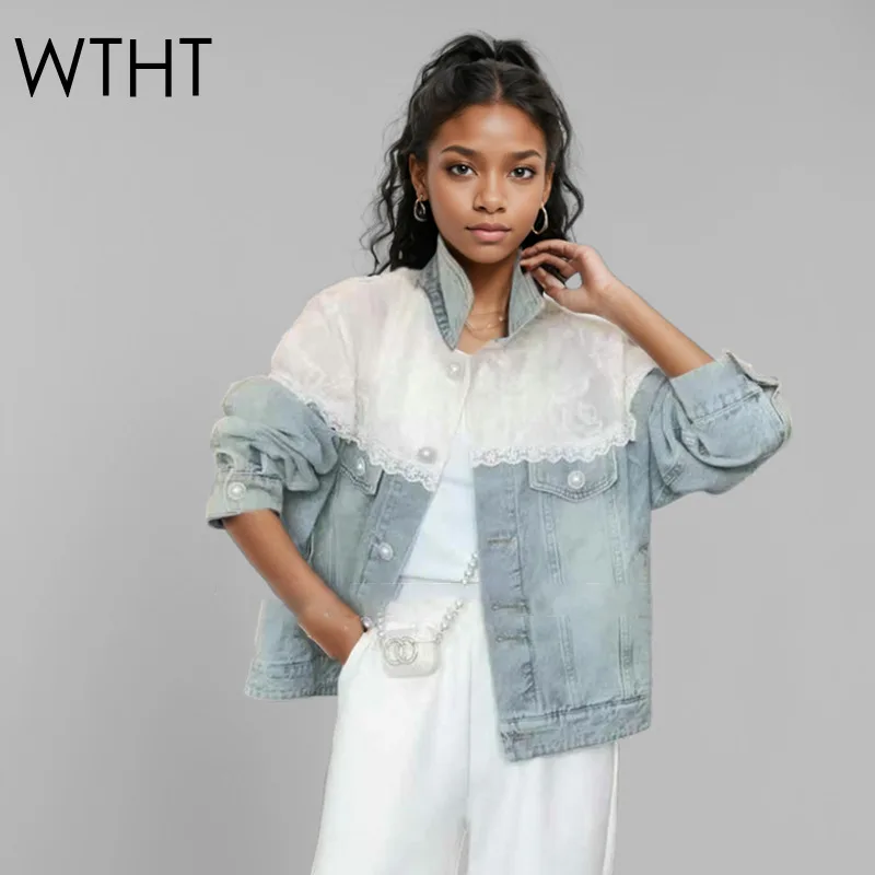 

WTHT Trendy Women's Spliced Lace Design Denim Coat 2025 Spring Fashion New Turn-down Collar Long Sleeves Jacket Female 1LS1019