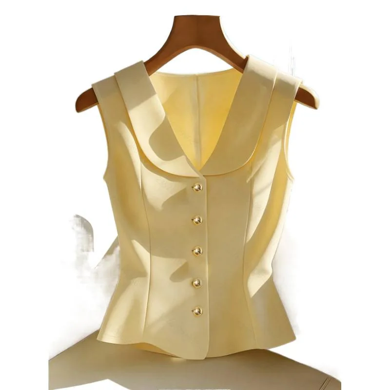 Women Elegant Office Sleeveless Blazer Vest Lapel V Neck Button Slim Fit Yellow Waistcoat Summer Business Sleeveless Shirt Top view 6