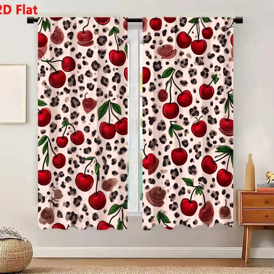 2Pcs Curtains 2D Flat Seamless Pattern With Red Cherries Leopard Spots And Chocolate Treats On Light Pink Background Window Drap