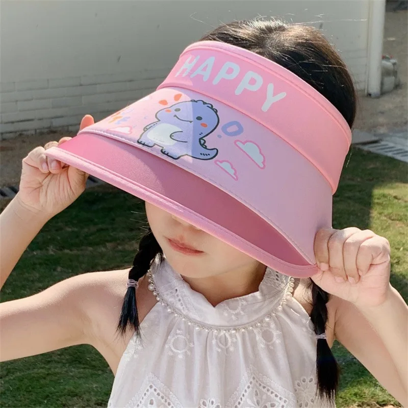 

Summer children's cartoon dinosaur void-top cap with wide brim, cute big kids' sunshade hat for sun protection, beach children's