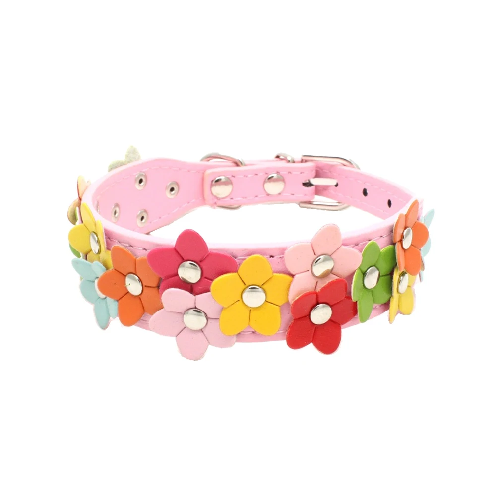 

Adjustable Pink PU Pet Collar with Flower Decor Alloy Buckle D-Ring Durable Safety Collar for Dogs Cats Puppies Size M Stylish