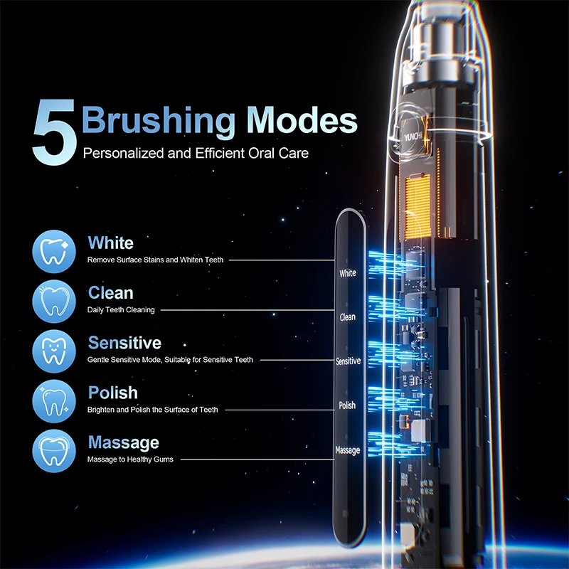 Yunchi فرشاة أسنان كهربائية بالموجات الصوتية Y5 للكبار الموقت 5 طرق مايكرو USB قابلة للشحن فرشاة أسنان ث 8 قطعة رؤوس فرشاة بديلة
