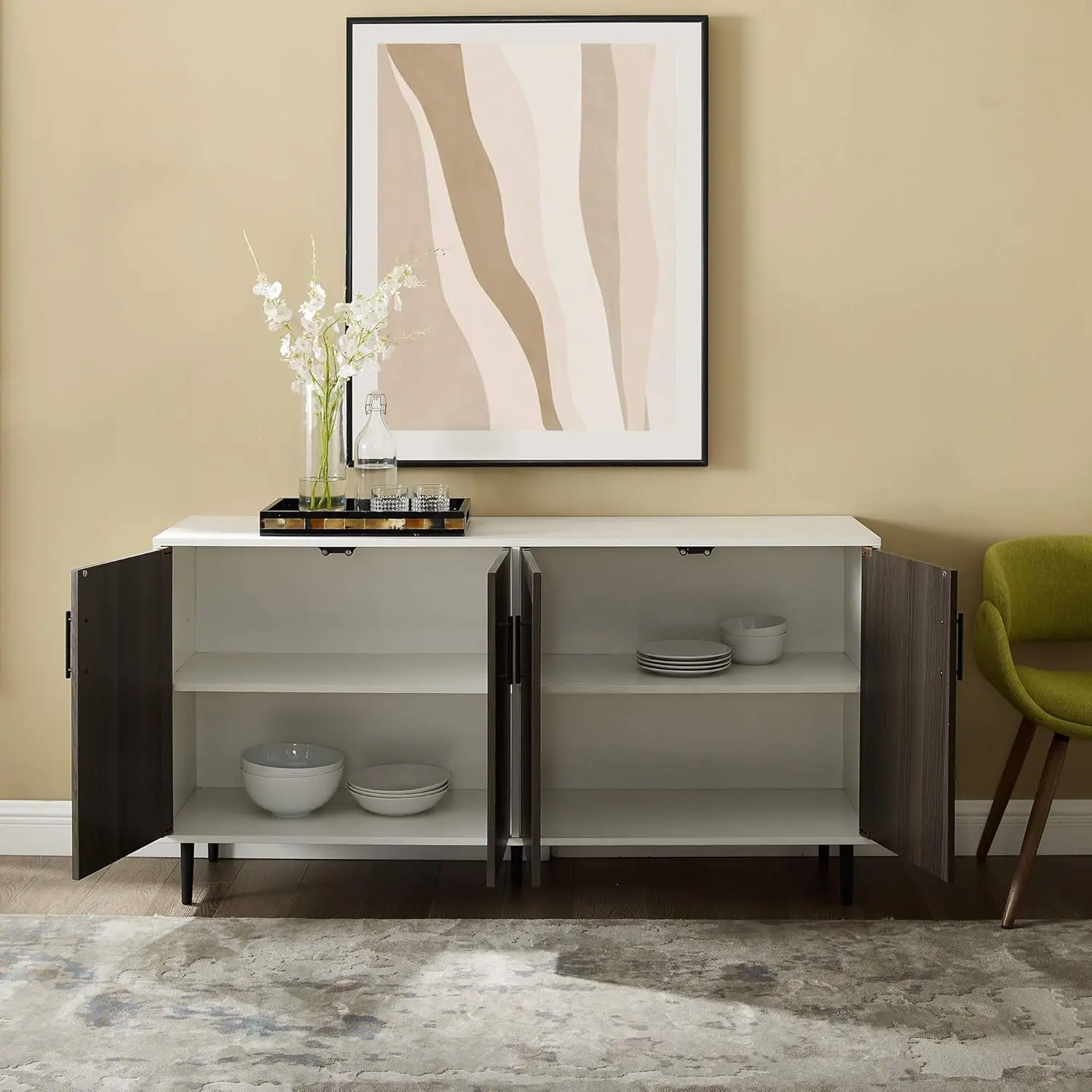 Modern 4 Door Sideboards Buffet 58 Inch Ash Brown Adjustable Rubber Feet Help Prevent Scratches on Your Floors EASY ASSEMBLY