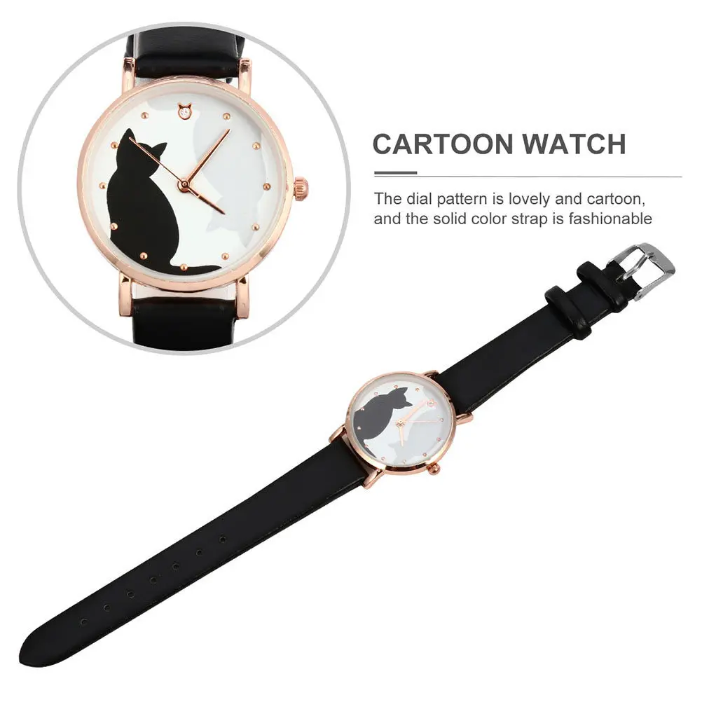 2Pcs Female Cartoon Cat Wrist Watch Zinc Alloy Body Imitation Strap Adjustable Band Kitten Design Elegant Casual Daily