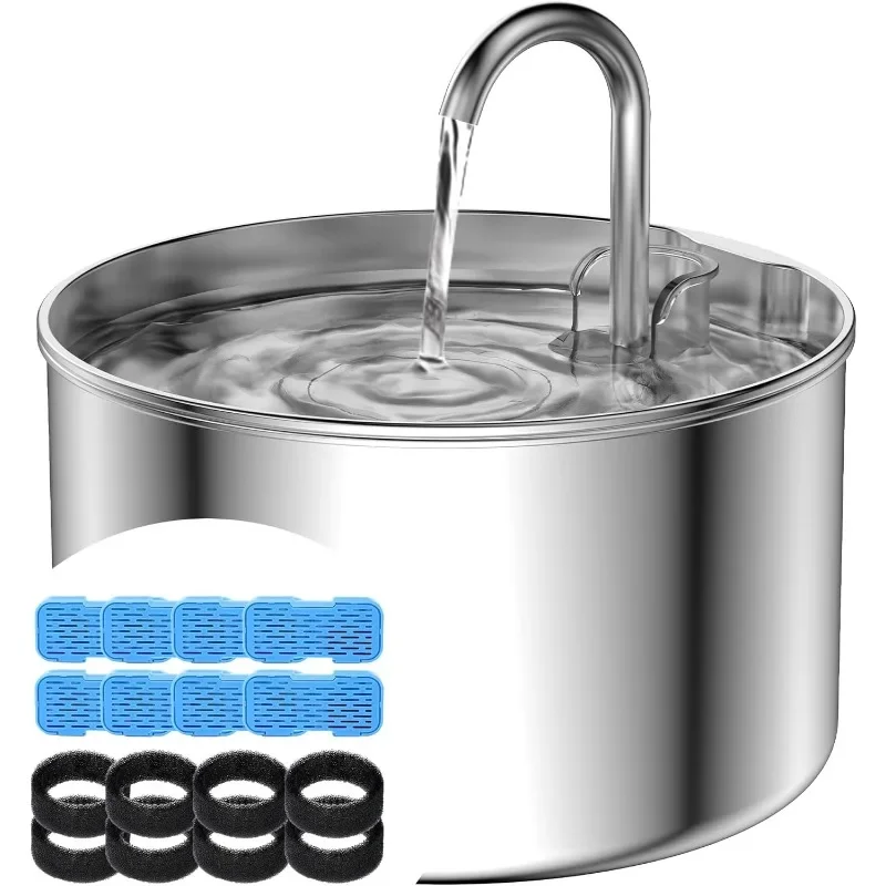 

Cat Water Fountain + 8 Filters + 8 Sponges, 304 Stainless Steel Pet Water Fountain, 24 Hours Keep The Water Clean