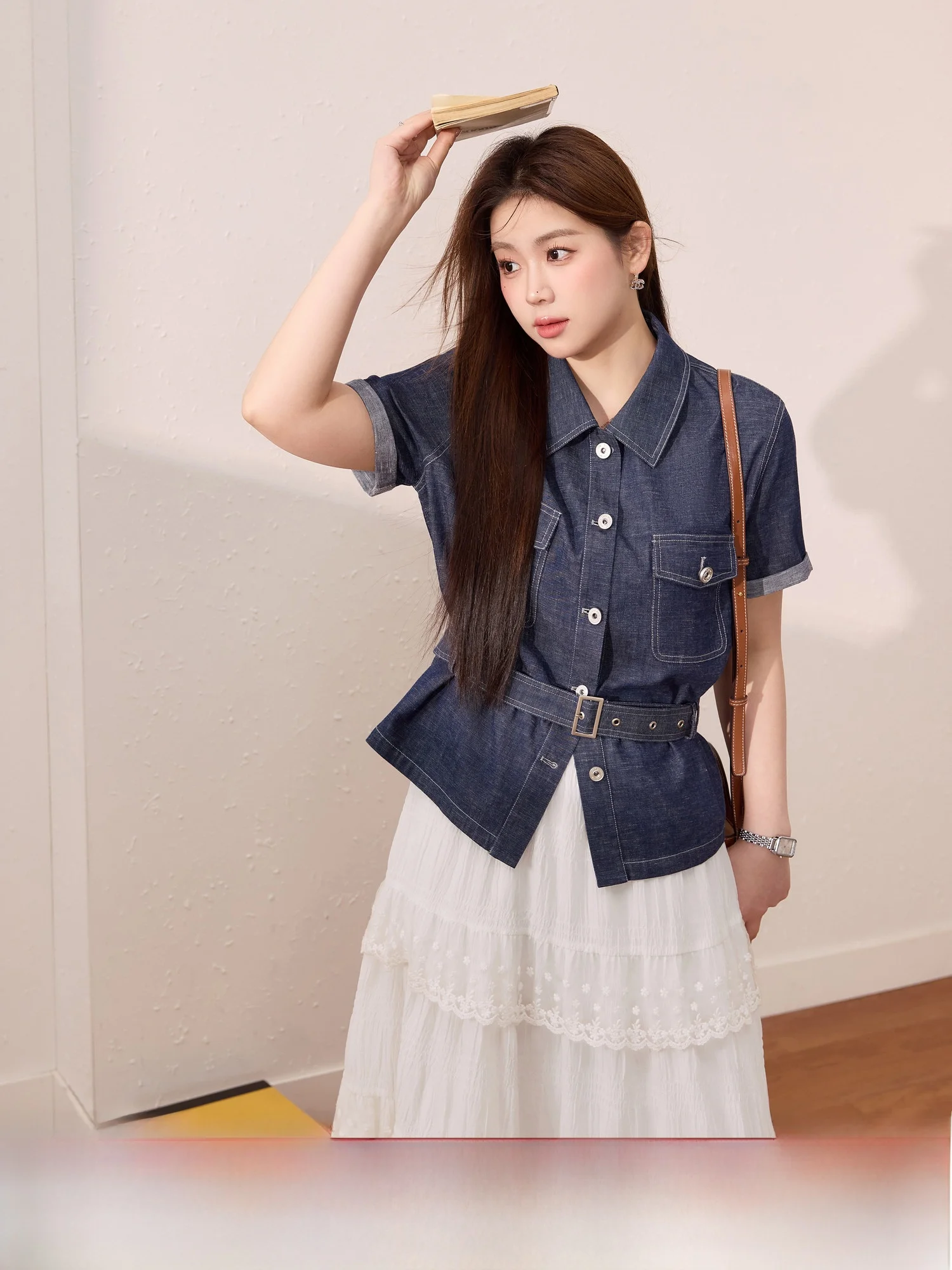 

Modern plus Size Women's Blue Language irt Belted ort Sve Waist Cinching Belly Covering Denim irt Commute Sle Slim...