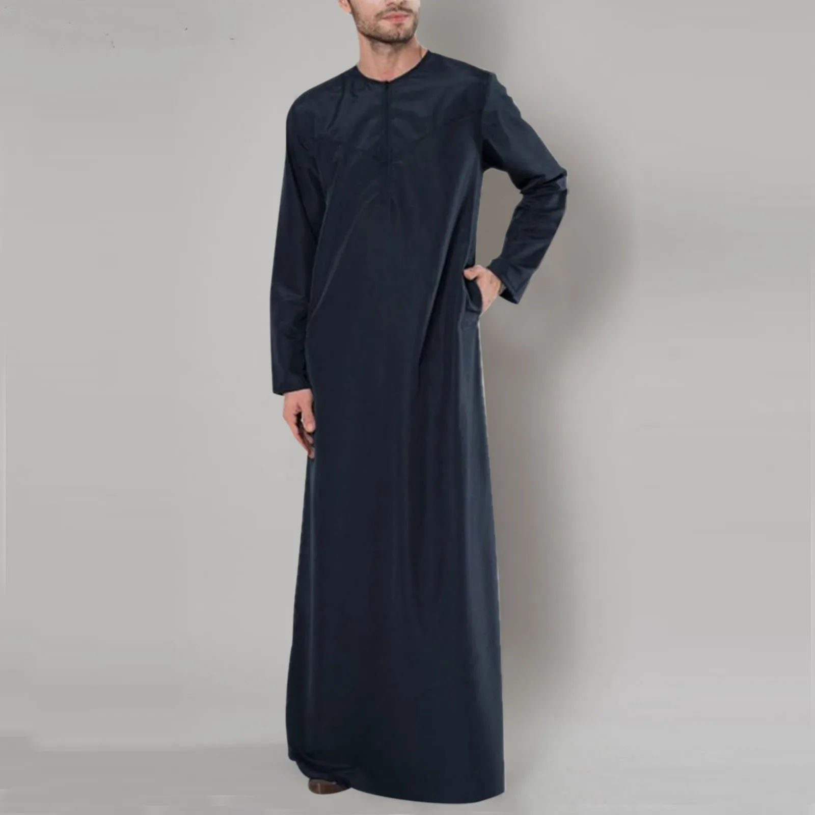 Islamic Arabic Muslim Kaftan Men Long Sleeve Zipper Loose Abaya Robes Saudi Arabia Dubai Jubba Thobe Men Clothes 2024