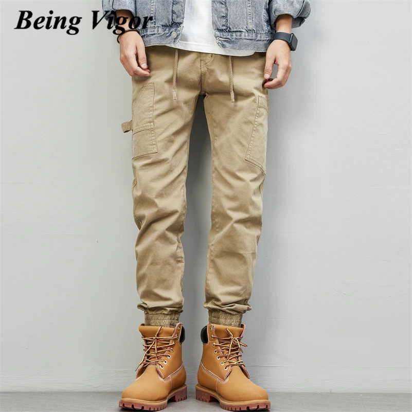 

Being Vigor 100% Cotton Mens Cargo Pants Street Slim Track Trousers Jogger Hip Hop Multi Pocket Casual Pants брюки карго 카고 팬츠