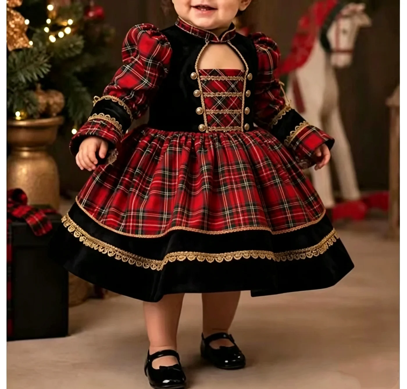 Autumn Winter Red Plaid Vintage Princess Dress With Bow For Casual Party Birthday Wedding Photography