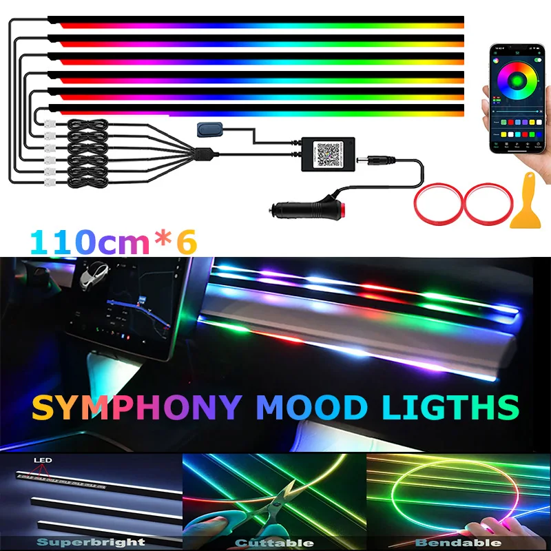 

110 см * 6 симфонических RGB атмосферных светильников/светодиодные автомобильные окружающие огни, полноцветные/приложение Bluetooth, комплект радужных акриловых полосок