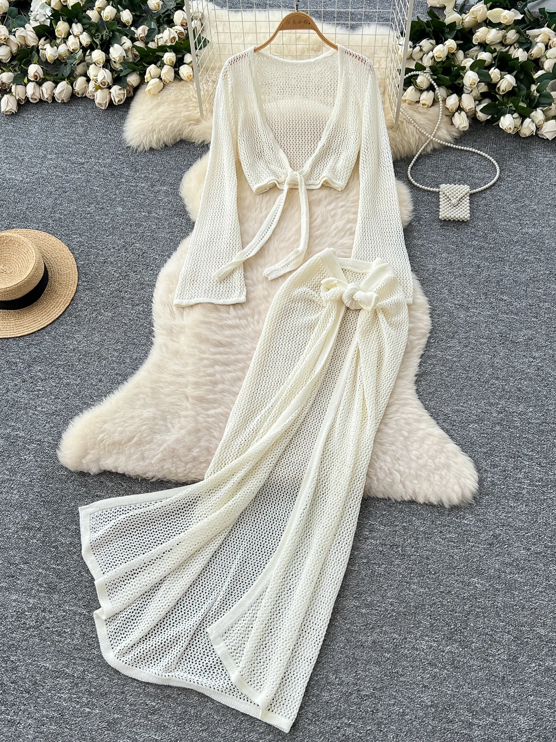 

Beach Vaion Sle Long Sve Knitted Open Cardigan with Belted Hollow out f Skirt Sexy Pure Desire Body ape Set