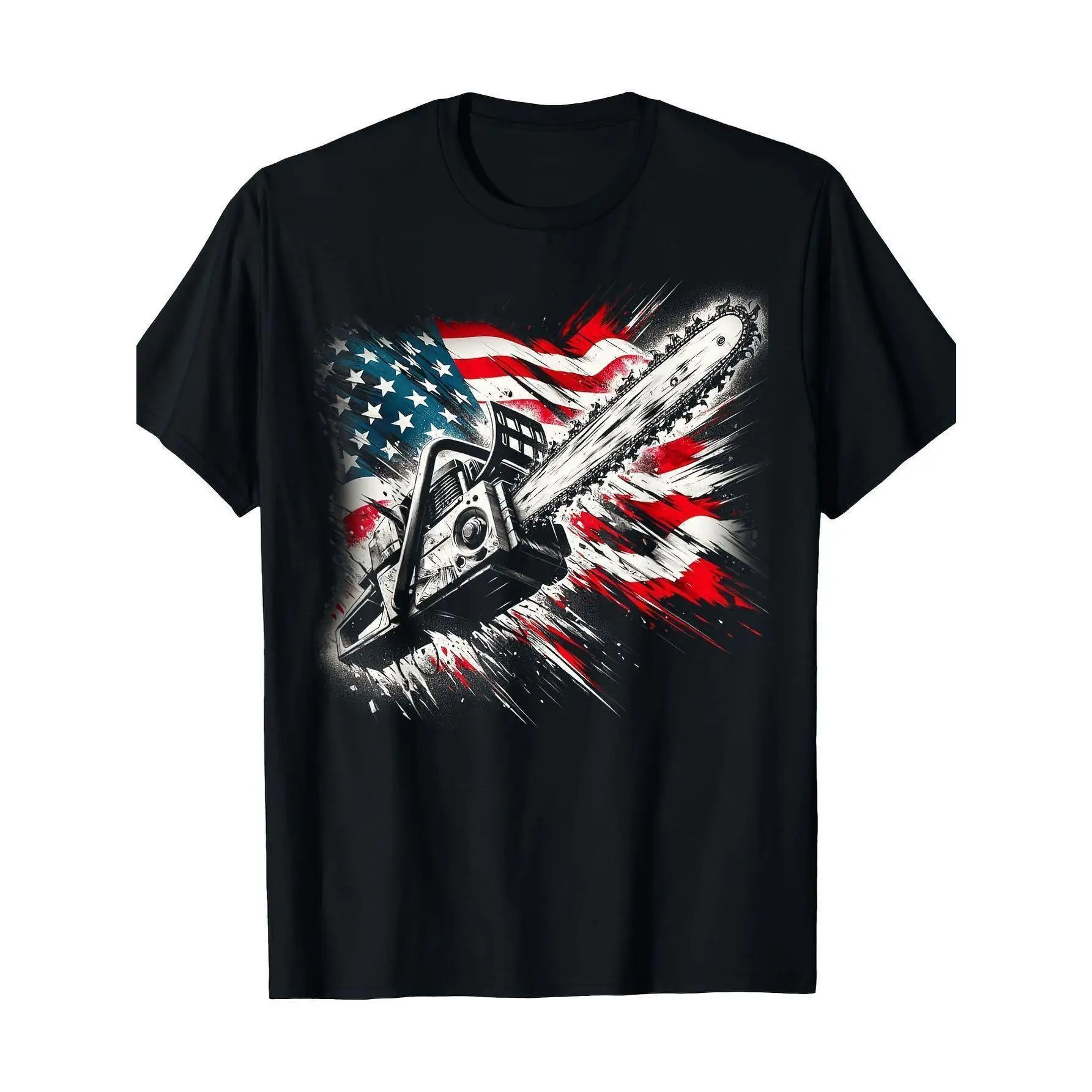 

American Flag Chainsaw T-shirt Vintage Washed Patriotic Graphic Tees Hardcore Style Oversized Tops for Men