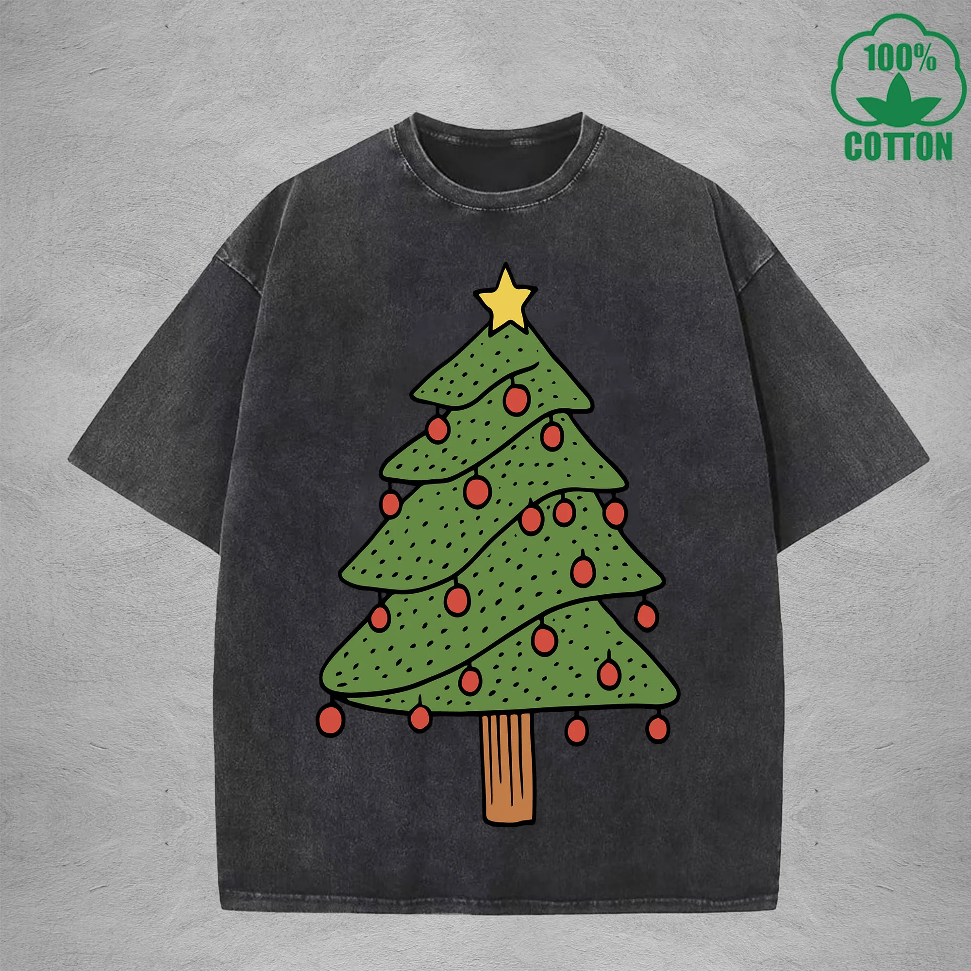 Christmas Tree Interest Printed Washed T-Shirt 230G Multicolor Loose Trendy Fashionable 100%Cotton Short Sleeve Top