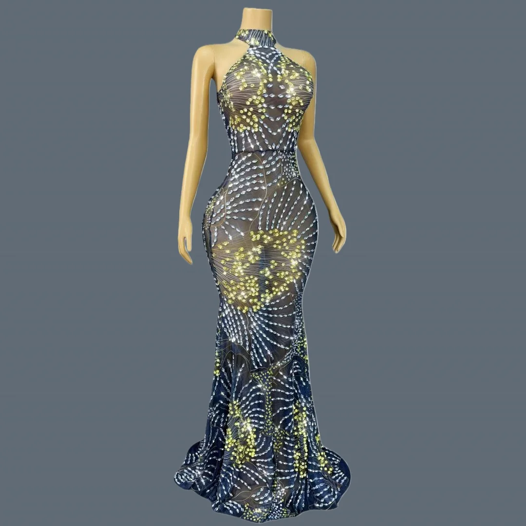 Abito lungo fino al pavimento con strass scintillanti Abito da sera sexy a sirena in rete trasparente Gala Prom Tappeto rosso Couture formale Jinsixiye