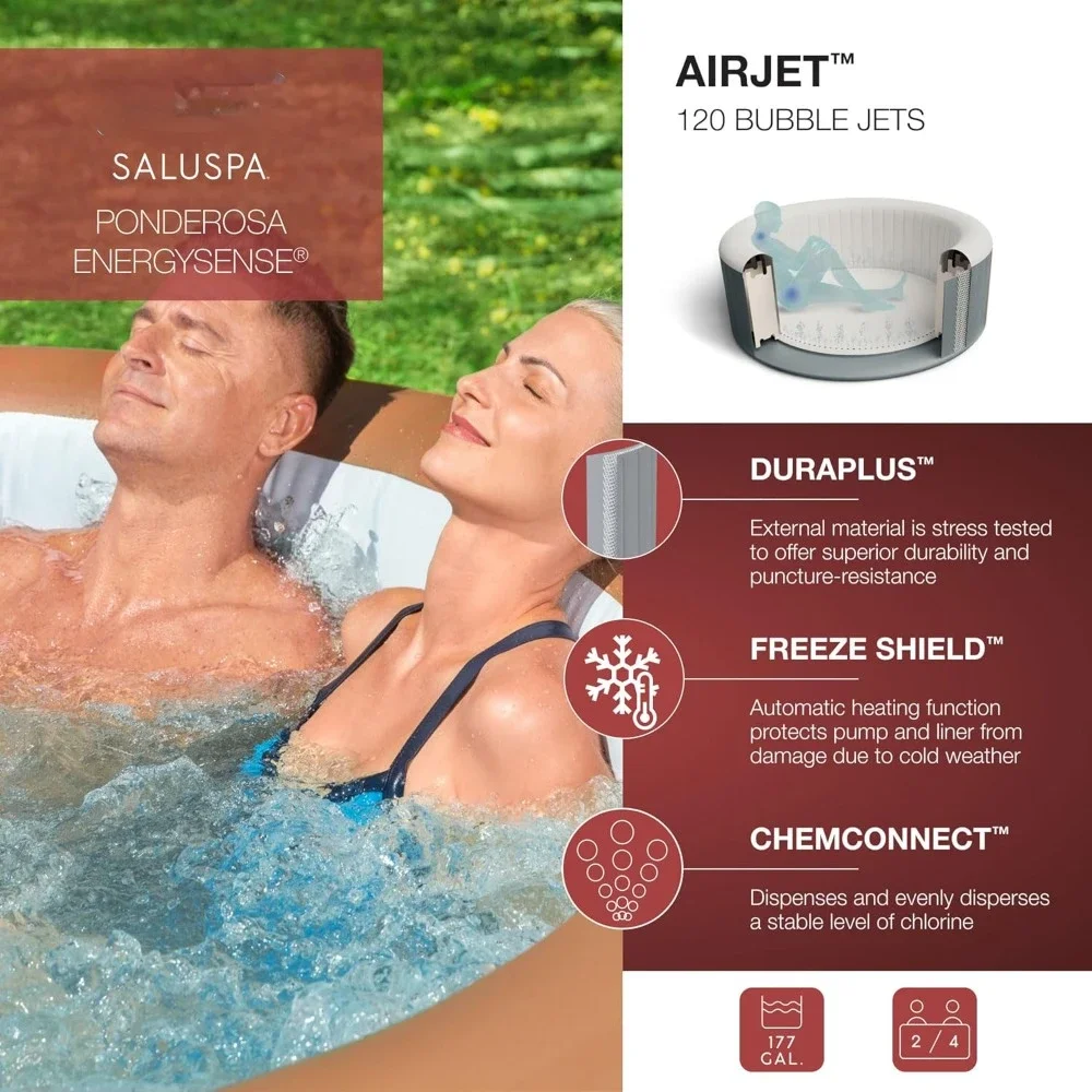 Inflatable Hot Tub Round Portable Outdoor Spa with 120 AirJets and EnergySense Energy Saving Cover, Hot Water Bathtub