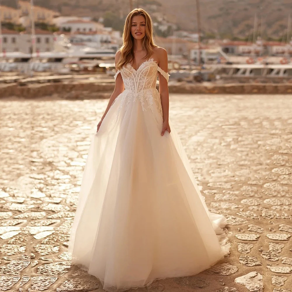 

2026 Off Shoulder Corset Wedding Dresses Lace Appliques Tulle Bridal Gown Sweetheart Neck Boho Brides Dresses Customized