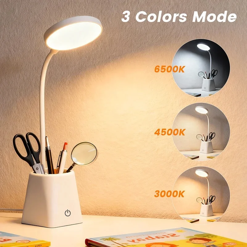 Flexible Gooseneck LED Desk Lamp with Pen Holder USB Rechargeable Touch Dimmable Study Light Student Office Home Decor Lamp