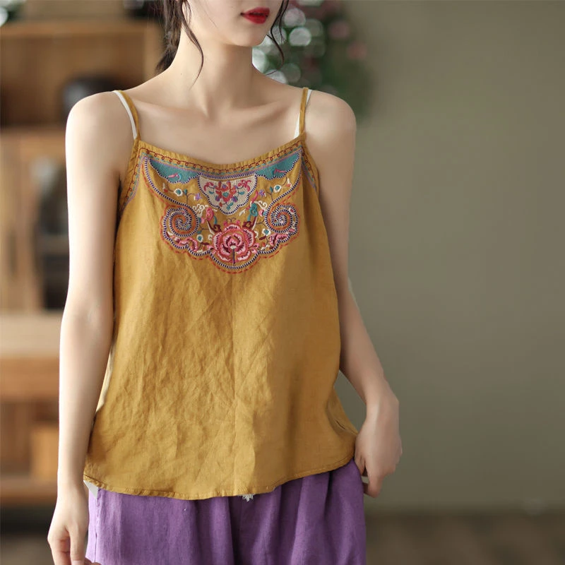 Vintage Woman Tank Tops Summer Solid Cotton Linen  Embroidery Spaghetti Strap Camis Loose Casual Blusas Tunic Tops Tee