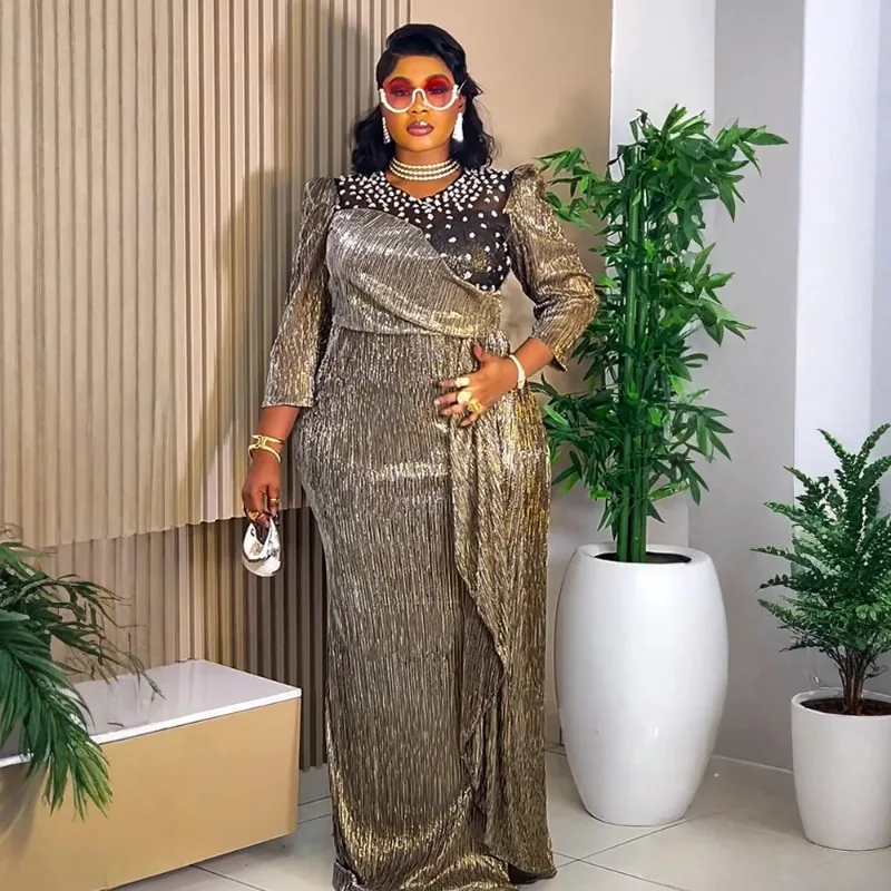 

African Party Dresses for Women Elegant Turkey Muslim Wedding Evening Gown Plus Size Dashiki Diamond Bodycon Slit Long Dress