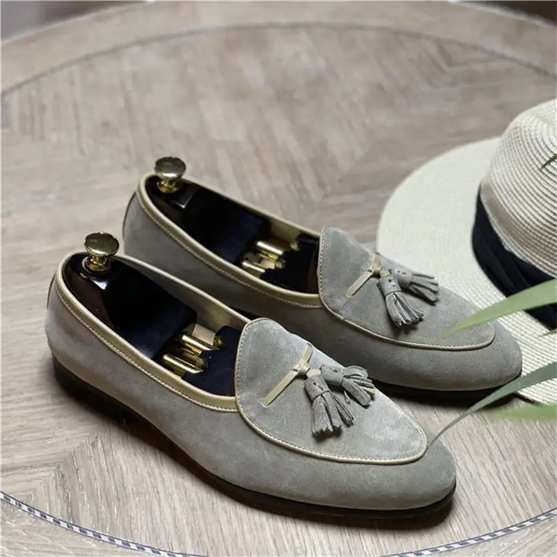 Blue Grey Men Loafers Genuine Leather Handmade Slip on Flat Casual Shoes Solid Tassel Office Wedding Party Dress Shoes for Men