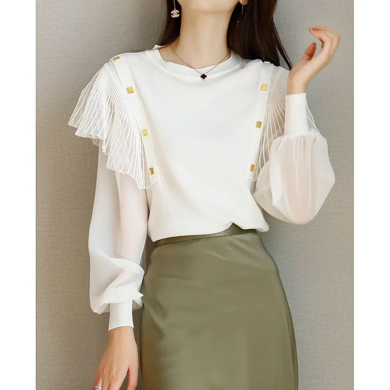 Elegant Korean Ruffles Spliced Round Neck Tops Women\'s Clothing Fashion All-match Long Sleeve Solid Color T-shirt for Female