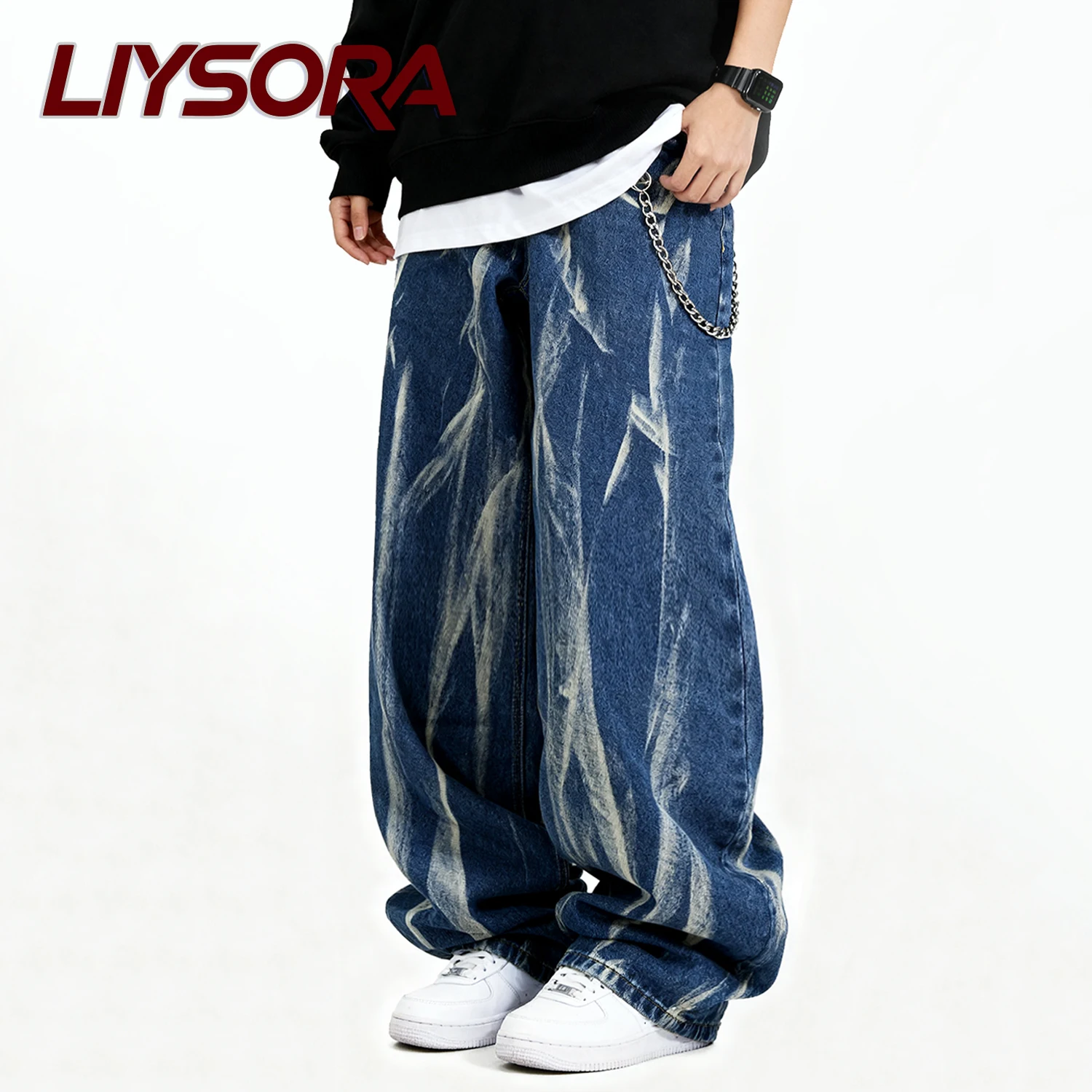 أربعة مواسم الرجال فضفاض مستقيم واسعة الساق الجينز تصميم شخصي التعادل صبغ الدنيم السراويل فضفاض للجنسين اليومية جينز غير رسمي الملابس #2