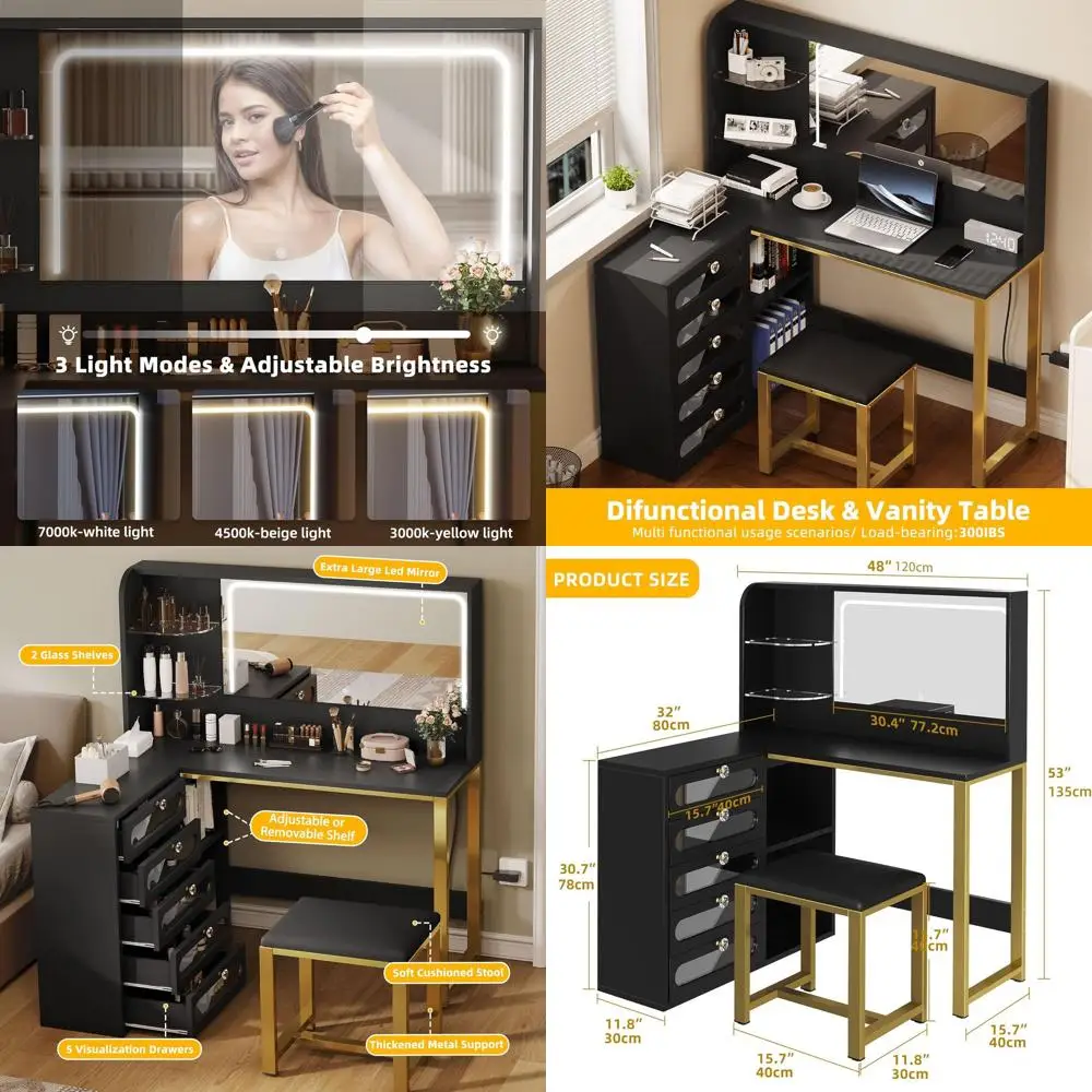 48 Premium Black Makeup Vanity with Mirror, Lights, and 5 Glass Drawers, Open Shelves