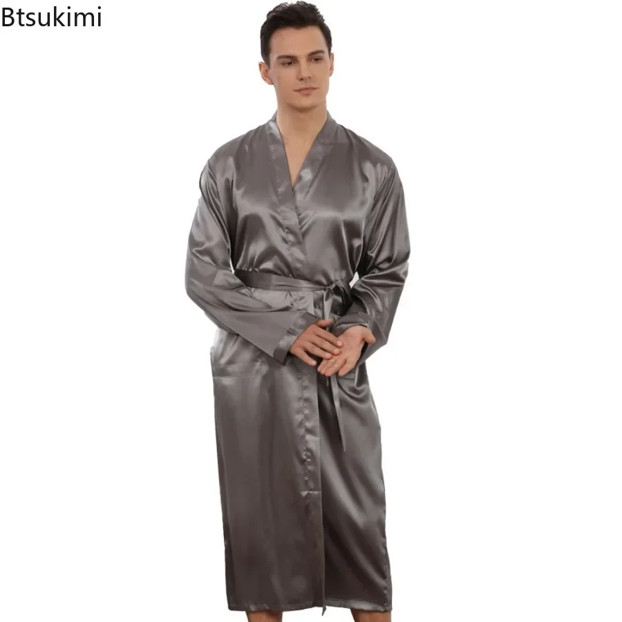 Men\'s Ice Silk Pajamas Long Sleeve Satin Kimono Robe Solid Cardigan Homewear Fashion Comfortable Soft Bathrobe Sleepwear for Men