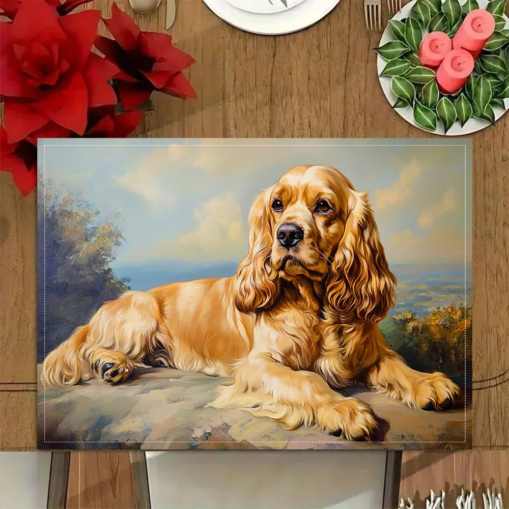 4pcs, Linen Placemat Set Of 4 Cute Cocker Spaniel Dog Portrait Design Table Mat For Pet Lovers Home Decor