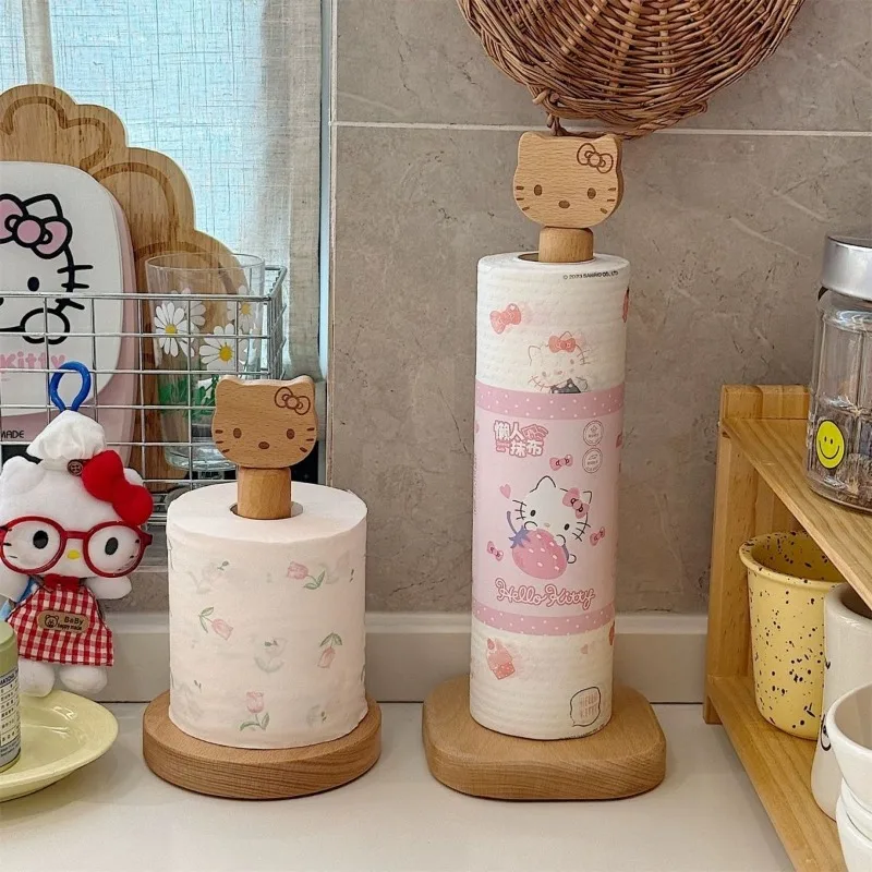 Nuevo Soporte de Papel de Cocina de Madera Maciza Sanrio Hello Kitty Kawaii Anime, Estante de Almacenamiento de Paños de Cocina, Limpio e Higiénico