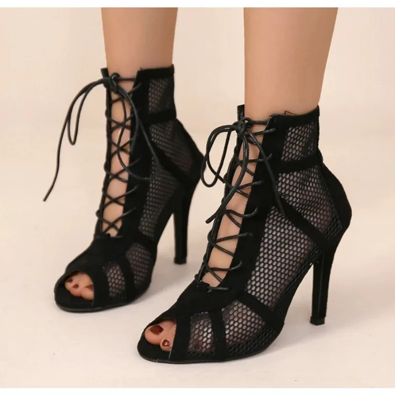 

New Fashion Show Black Net Fabric Cross Strap Sexy High Heel Sandals Woman Shoes Pumps Lace-up Peep Toe Sandals Casual Mesh