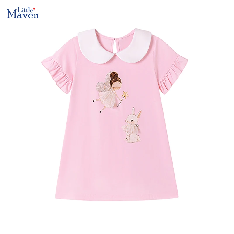Little maven Girls Peter Pan Collar Dress Cotton Kids Princess Casual Rabbits Angel Pink Dresses for Children Dress Summer