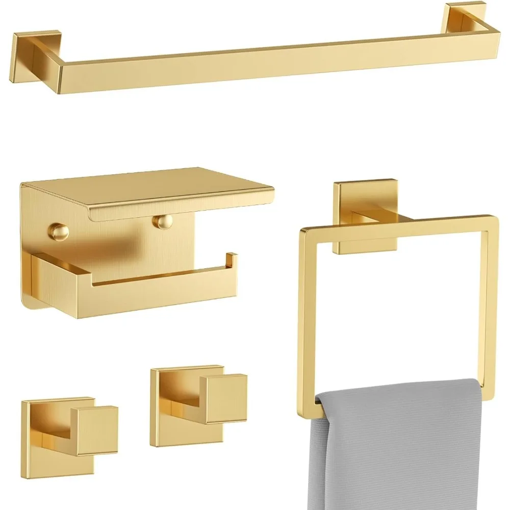 

5-Piece Brushed Gold Bathroom Hardware Accessory Set: Upgraded Toilet Paper Holder with Shelf and Stainless Steel Towel Bar