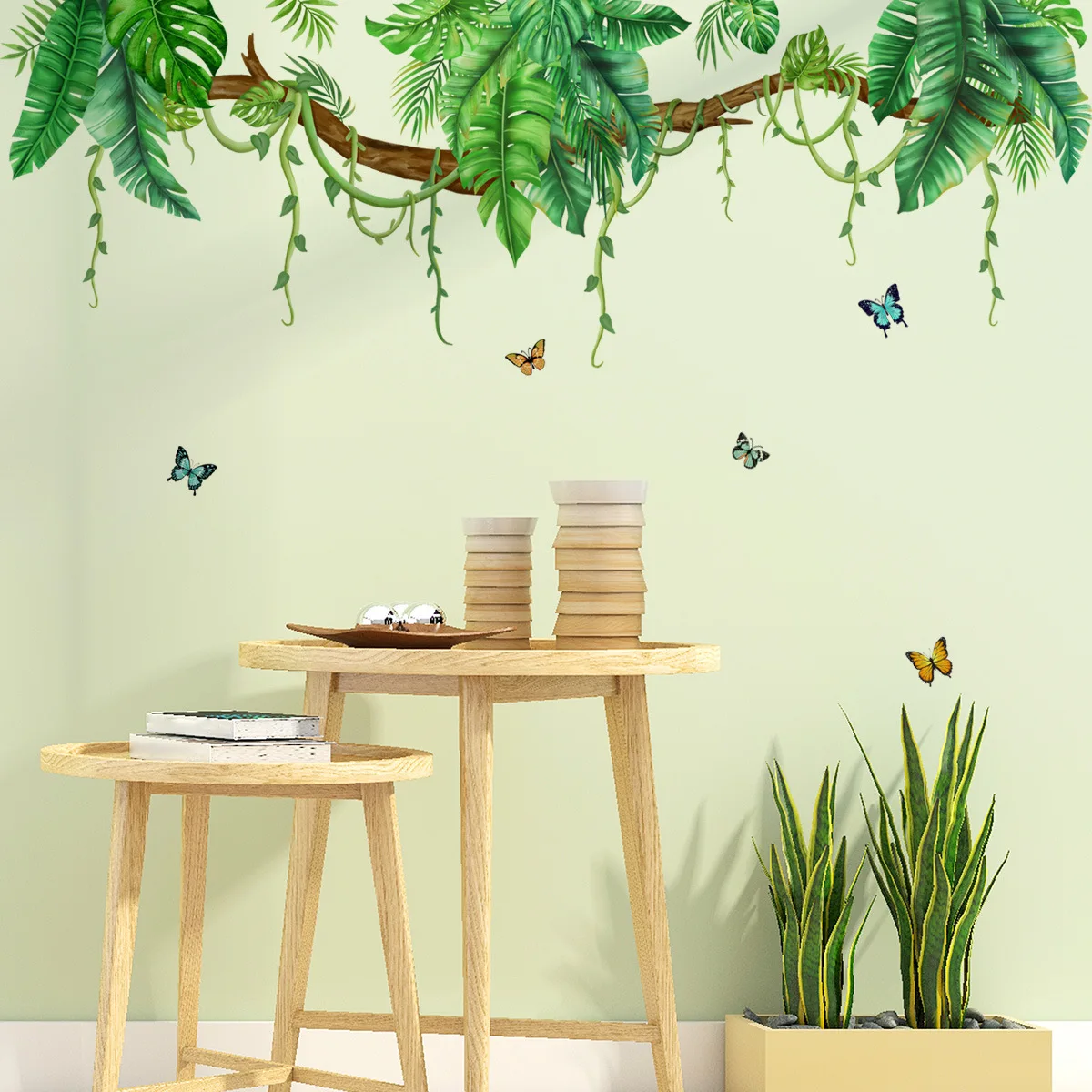 M47 Tropische Blätter Zweig Wandtattoos Hängende Ranken Grünpflanzen Schmetterling Wandaufkleber Wohnzimmer Schlafzimmer Büro Wanddekoration – Detail 4